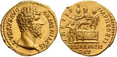 The Roman Empire Lucius Verus, 161 - 169 Aureus December 163-164, AV 7.23 g. ·L·VERVS AVG – ARMENIACVS Bare head r. Rev. TR P IIII – IMP II COS II Lucius Verus seated l. on platform; behind and before