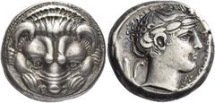 Greek Coins Rhegium Tetradrachm circa 420-410, AR 17.09 g. Lions mask facing. Rev. PEΓINOΣ Laureate head of Apollo r.; behind, olive sprig and in r. field, KPA[TE –Σ]IΠΠO. Herzfelder 64. Jameson 460 (