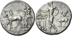 Greek Coins Selinus Tetradrachm circa 440, AR 17.25 g. ΣΕΛ – ΙΝΟ – Ν – ΤΙ – ΟΣ Slow quadriga l. in which stands Apollo and Artemis, respectively shooting arrow and holding reins. Rev. [ΣΕΛ] – Ι – NΟ –