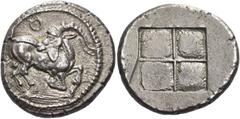 Greek Coins Thraco-Macedonian tribes, Krestonians or Mygdonians Stater circa 485-480, AR 9.19 g. Goat kneeling r., head reverted; above, dotted Θ. Rev. Quadripartite incuse square. Svoronos, Hellénism