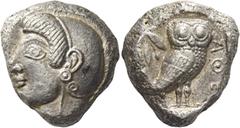Greek Coins Attica, Athens Tetradrachm, uncertain mint in Asia Minor or Levante circa 520, AR 17.47 g. Helmeted head of Athena l. Rev. AΘΕ Owl standing r., with closed wings, head facing; behind, oliv