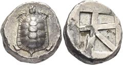 Greek Coins Aegina, Aegina Stater circa 456-431, AR 12.27 g. Turtle seen from above. Rev. Skew pattern incuse. Milbank pl. II, 12. SNG Copenhagen 516. Perfectly centred and struck in high relief, a pl