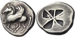 Greek Coins Corinthia, Corinth Stater circa 555-550, AR 8.52 g. Pegasus flying l.; below, [koppa]. Rev. Mail sail pattern incuse. Ravel 4 (this coin illustrated). SNG Lockett 2018 (this coin illustrat