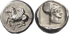 Greek Coins Corinthia, Corinth Stater circa 509-480, AR 8.57 g. Pegasus flying l.; below, [koppa]. Rev. Head of Athena r., wearing Corinthian helmet. All within incuse square. Ravel 186. Calciati, Peg