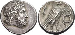 Greek Coins Elis, Olympia Stater circa 300-276, 120th-126th Olympiad, AR 11.87 g. Laureate head of Zeus r. Rev. F – A Eagle standing r.; in l. field, thunderbolt and in r., coiled serpent and H. Seltm