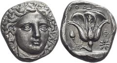 Greek Coins Rhodes Tetradrachm circa 404-385, AR 14.97 g. Head of Helios facing three-quarters r. Rev. POΔION Rose with single bud on l., in r. field, Φ / star. All within incuse square. Bérend, SNR 5