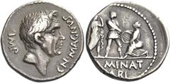 The Roman Republic Cnaeus Pompeius Junior and M. Minatius Sabinus. Denarius, Spain 46-45, AR 3.87 g. IMP – CN MAGNVS Head of Cn. Pompeius Magnus r. Rev. [PR·Q] Pompeian soldier between the personifica