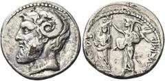 The Roman Republic Q. Cornuficius. Plated denarius, North Africa 42, AR 2.82 g. Head of Jupiter Ammon 1. Rev. [Q. CORNVFICI AV]GVR IMP Veiled Q. Cornuficius standing l. and holding lituus, crowned by 