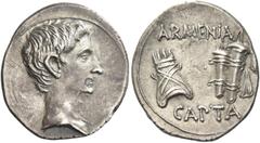 The Roman Empire Octavian as Augustus, 27 BC – 14 AD Denarius, Pergamum circa 19-18 BC, AR 3.83 g. Bare head r. Rev. ARMENIA / CAPTA Tiara and bow cases with quiver. C 12. BMC 673. RIC 515. CBN 997. R