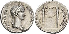 The Roman Empire In the name of Antonia, wife of Nero Claudius Drusus Denarius 41-42, AR 3.71 g. ANTONIA – AVGVSTA Draped bust of Antonia r., wearing barley wreath, hair falling down neck in plait. Re