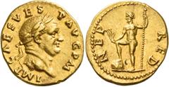 The Roman Empire Vespasian, 69 – 79 Aureus July-December 71, AV 7.36 g. IMP CAES VES-P AVG P M Laureate head r. Rev. NEP – RED Neptune standing l., r. foot on globe, holding acrostolium and sceptre. C