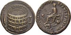 The Roman Empire Titus augustus, 79 – 81 Divus Titus. Sestertius 81-82, Æ 26.13 g. Aerial view of the Flavian Amphitheatre (the Colosseum); on l., Meta Sudans and on r., porticoed building. Rev. DIVO 