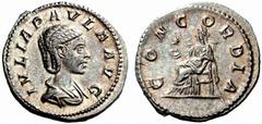 Impero Romano Julia Paula, prima moglie di Elagabalo Denario 219-220,  AR 3,73 g.  IVLIA PAVLA AVG  Busto drappeggiato a d.  Rv. CONCORDIA  LA Concordia seduta a s., tiene nella mano d. una patera e p