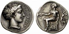 A remarkable selection of Greek Coins Terina Nomos 400-360, AR 7.88 g. ΤΕΡΙΝΑΙΩΝ ??Head of nymph Terina r., wearing sphendone decorated with star and necklace. Rev. TEP – INA Nymph Terina seated l. on