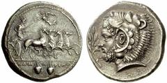 A remarkable selection of Greek Coins Camarina Tetradrachm circa 425-405, AR 17.15 g. Fast quadriga driven r. by helmeted Athena, holding kentron and reins; above, Nike flying l. to crown her. In exer