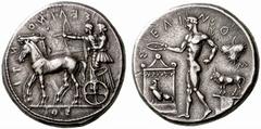 A remarkable selection of Greek Coins Selinus Tetradrachm circa 450, AR 17.34 g. ΣΕΛΙΝΟ − Ν − ΤΙ − ΟΣ retrograde Slow quadriga l. in which stand Apollo and Artemis, shooting arrow and holding reins re
