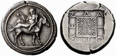 A remarkable selection of Greek Coins Mende Tetradrachm circa 425, AR 17.24 g. Dyonisus, head r., wearing ivy wreath and himation, reclining on mule back l., holding cantharus with r. hand and resting