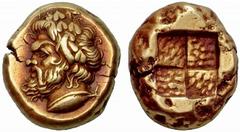 A remarkable selection of Greek Coins Mysia, Cyzicus Stater circa 380, EL 16.03 g. Bearded and horned head of Silenus (or Pan) l., wearing ivy wreath; below neck truncation, tunnus. Rev. Quadripartite