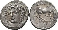 Greek Coins Greek Coins. Larissa. Hemidrachm late V-early III century BC, AR 2.98 g. Head of the nymph Larissa facing three-quarters l., wearing ampyx and necklace. Rev. ΛAPI – ΣAIΩN Horse preparing t