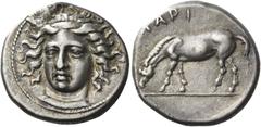 Greek Coins Greek Coins. Larissa. Drachm circa 400-380, AR 6.05 g. Head of the nymph Larissa facing three-quarters l., wearing ampyx and necklace. Rev. ΛAPI Horse grazing l. Lorber, 1992 30. Lorber, E