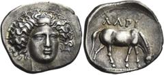 Greek Coins Greek Coins. Larissa. Drachm circa 400-380, AR 5.97 g. Head of the nymph Larissa facing three-quarters r., wearing ampyx Rev. ΛAPI Horse grazing r. Lorber, Early O88/R2. BCD Thessaly 1144.