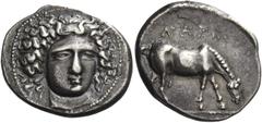Greek Coins Greek Coins. Larissa. Drachm circa 400-380, AR 5.97 g. Head of the nymph Larissa facing three-quarters r., wearing ampyx. Rev. ΛAPI Horse grazing r. Lorber 49. BCD Thessaly 1430. Lovely ir