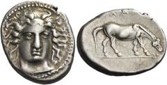 Greek Coins Greek Coins. Larissa. Drachm circa 400-380, AR 6.13 g. Head of the nymph Larissa facing three-quarters r., wearing ampyx. Rev. ΛAPI Horse grazing r. Lorber, Early, Group 3, O17. BCD Thessa