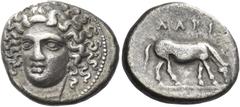 Greek Coins Greek Coins. Larissa. Drachm circa 400-380, AR 6.01 g. Head of the nymph Larissa facing three-quarters l., wearing ampyx. Rev. ΛAPI Horse grazing r. Lorber, Early, Group 3, O25. BCD Thessa
