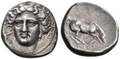Greek Coins Greek Coins. Larissa. Drachm circa 400-380, AR 6.27 g. Head of the nymph Larissa facing three-quarters l., wearing ampyx. Rev. [Λ]APIΣAI Horse grazing r.; below, AI. Lorber, Early, Group 3