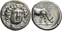Greek Coins Greek Coins. Larissa. Drachm circa 400-380, AR 5.94 g. Head of the nymph Larissa facing three-quarters r. Rev. [ΛA]PIΣ Horse grazing r. Lorber, Early, Group 3, O56. BCD Thessaly 1430.10 (t