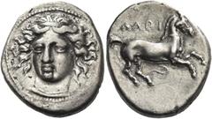 Greek Coins Greek Coins. Larissa. Drachm circa 380-365, AR 5.89 g. Head of the nymph Larissa facing three-quarters l. Rev. ΛAPI Horse prancing r. Lorber, Early, Group I, O2/R1. BCD Thessaly 1431.1 (th