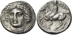 Greek Coins Greek Coins. Larissa. Drachm circa 380-365, AR 5.99 g. Head of the nymph Larissa facing three-quarters l., wearing wreath of barley ears. Rev. ΛA – [PI] – ΣAI – ΩN Horseman prancing l. Lor