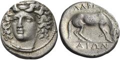 Greek Coins Greek Coins. Larissa. Drachm circa 365-340, AR 5.87 g. Head of the nymph Larissa facing three-quarters l., wearing ampyx and necklace. Rev. ΛAPIΣ – AIΩN Horse preparing to roll r. Herrmann