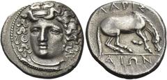 Greek Coins Greek Coins. Larissa. Drachm circa 365-340, AR 5.95 g. Head of the nymph Larissa facing three quarters l., wearing ampyx and necklace. Rev. ΛAPIΣ – AIΩN Horse preparing to roll r. Herrmann