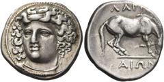 Greek Coins Greek Coins. Larissa. Drachm circa 365-340, AR 5.99 g. Head of the nymph Larissa facing three-quarters l., wearing ampyx and necklace. Rev. ΛAPI[Σ] – AIΩN Horse preparing to roll r. Herrma