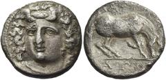Greek Coins Greek Coins. Larissa. Drachm circa 356-342, AR 5.45 g. Head of the nymph Larissa facing three-quarters l., wearing ampyx, pendant earring, and necklace. Rev. [ΛAPIΣ] – AIΩN Horse preparing