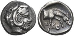 Greek Coins Greek Coins. Skotussa. Obol circa 394-367, AR 0.93 g. Head of Heracles r., wearing lion's skin headdress. Rev. Forepart of horse grazing r.; all within circular incuse. For type, cf. Moust
