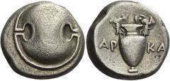 Greek Coins Greek Coins. Thebes. Stater circa 368-364, AR 11.77 g. Boeotian shield. Rev. Amphora, two ivy leaves on each handle; in field, AP –KA. All within incuse area. Hepworth 14. BCD Boiotia 537.