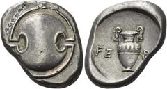 Greek Coins Greek Coins. Thebes. Stater circa 363-338, AR 12.29 g. Boeotian shield. Rev. Amphora; in field, FE – P[Γ] . All within incuse area. Hepworth 40. BCD Boiotia 757. A rare variety. Wonderful 