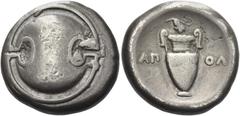 Greek Coins Greek Coins. Thebes. Stater circa 363-338, AR 11.95 g. Boeotian shield. Rev. Amphora; in field, AΠ – OΛ and above, bunch of grapes on vine. All within incuse area. Hepworth 11. BCD Boiotia