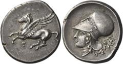 Greek Coins Greek Coins. Corinthia, Corinth. Stater circa 375-300, AR 8.58 g. Pegasus flying l.; below, koppa. Rev. Head of Athena, wearing Corinthian helmet; behind, N within wreath. Ravel 1069. Calc