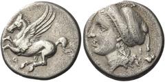 Greek Coins Greek Coins. Corinthia, Corinth. Drachm circa 350-300, AR 2.61 g. Pegasus flying l.; below, koppa. Rev. Head of Aphrodite l., with hair in sakkos; in r. field, I and uncertain symbol. BCD 