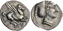 Greek Coins Greek Coins. Corinthia, Corinth. Drachm circa 350/300, AR 1.62 g. Pegasus flying r.; below, koppa. Rev. Head of Aphrodite r., wearing sakkos. BCD Corinth –. McClean –, cf. pl. 215, 25 (dra