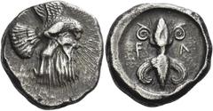 Greek Coins Greek Coins. Elis, Olympia. Stater circa 450-440, Olympiads 82-87, AR 12.04 g. Eagle flying r. with wings above and below its body, grasping hare with its talons. Rev. F – A Thunderbolt wi