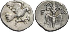 Greek Coins Greek Coins. Elis, Olympia. Drachm circa 245/240-210, AR 4.75 g. Eagle flying r., grasping hare in its talons. Rev. F – A Thunderbolt with double volutes above and wings below. SNG Delepie
