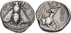 Greek Coins Greek Coins. Ephesus. Tetradrachm circa 340-325, AR 15.15 g. E – Φ Bee with straight wings. Rev. Forepart of stag right, head turned back; in r. field, NEΩN and in l., palm tree. Head, Eph