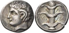 Greek Coins Greek Coins. Cyrenaica, Cyrene. Didrachm circa 308-277, AR 7.26 g. Head of Carneios l. Rev. KY – PA Silphium plant. Müller 150. BMC 259, pl. XXIV, 6 (these dies). Lovely iridescent tone an