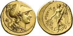 The Collection of Greek coins of a Man in Love with Art Part III Syracuse. Stater circa 278 under Pyrrhus, AV 8.55 g. Head of Athena r., wearing triple-crested Corinthian helmet, bowl decorated with p