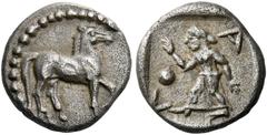 The Collection of Greek coins of a Man in Love with Art Part III Larissa. Obol circa 460-440, AR 0.99 g. Horse at pace r. Rev. Λ - Α The nymph Larissa, striding l., raising her r. hand and lowering he