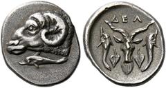 The Collection of Greek coins of a Man in Love with Art Part III Phocis, Delphi. Trihemiobol circa 360, AR 1.32 g. Ram's head l., beneath, dolphin l. Rev. ΔEΛ Goat's head facing between two dolphins s